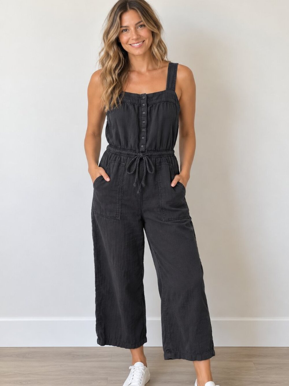 Old Navy Dark Charcoal Button-Front Sleeveless Jumpsuit